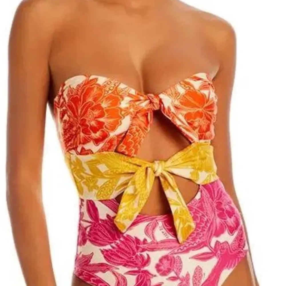 FARM RIO tropical Woodcut Print Cutout One Piece